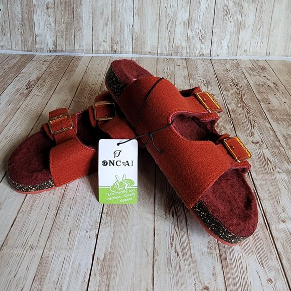 Shoes - Burgundy Fuzzy Buckle Sandals - Size 9 or Size 10